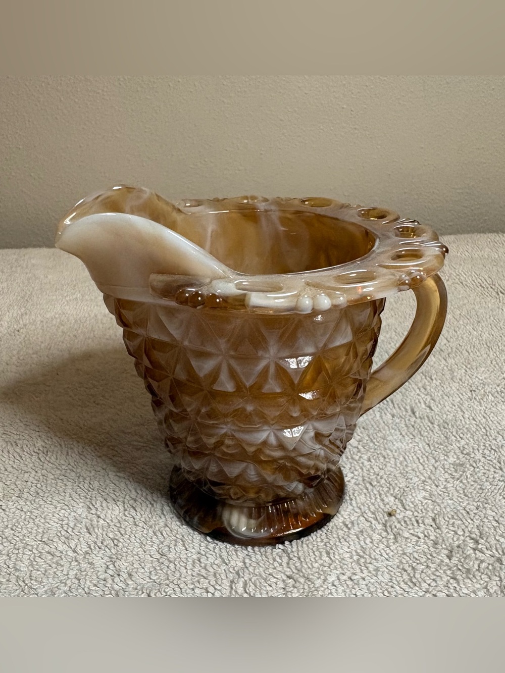 Imperial Swag Glass Creamer Pitcher Caramel Swirl Lace Edge-VTG